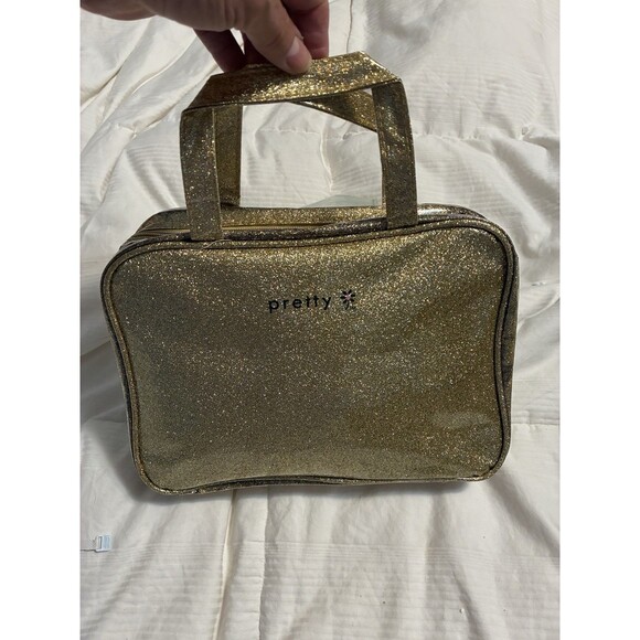 Pretty 3 Piece Make-up Bag Set Gold Glittery Pouch Cosmetic - Picture 13 of 16